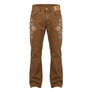 Jean en denim coupe droite pour homme Dravelle, taille haute, coupe classique, broderie florale, coton marron, style décontracté automne - Product Image 1
