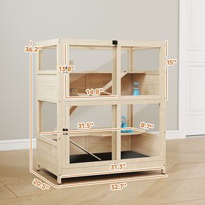 Gabbia per criceti a 4 livelli in legno per razze medio-grandi con tetto a rete apribile, vassoio estraibile, capanni, altalene, rampe e borracce - Product Image 2