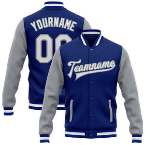 Chaqueta Varsity Casual de Lana para Hombre, Color Azul Rey y Gris, Personalizada, Otoñal, con Bordado y Tejido de Punto Acanalado, Fabricante al por Mayor, OEM, ODM, Marca Privada - Product Image 1