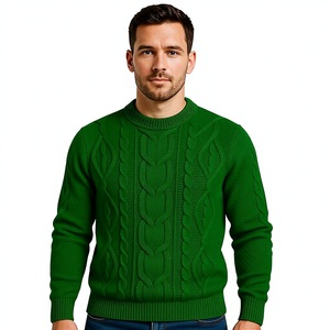 Pull en maille torsadée vert vif pour homme, col rond décontracté, coupe ajustée, texturé, chaud pour l'automne et l'hiver, tricot de mode masculine - Product Image 1