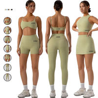 Ensemble de yoga 3 pièces pour femme, anti-rides, séchage rapide, respirant, avec short taille mi-haute et haut à col rond, personnalisable pour la gym