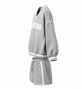 Conjunto de Sudadera y Pantalones Cortos de Algodón de Secado Rápido con Cuello en V para Mujer, Talla Grande, Color Gris Jaspeado, Informal, para Invierno - Product Image 4