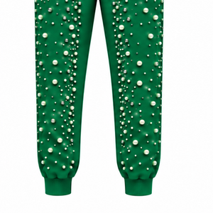 Emerald Green Pearl Beaded <b>Jogger</b> Pants <b>Women</b> Fashion Embellished Drawstring Sweatpants Luxury Casual Streetwear <b>Fleece</b> Bottoms - Product Image 5