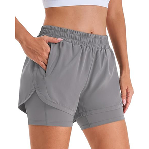 Shorts de course 2 en 1 gris moyen taille haute pour femme, fluides, en polyester, séchage rapide, pour fitness et entraînement, avec poche zippée - Product Image 1
