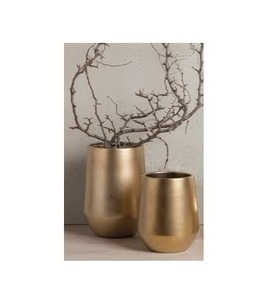 Modern Satin Champagne Gold <b>Vase</b> <b>Set</b> – Pair of Sleek Geometric Metallic Tabletop Planters and Centerpieces - Product Image 2