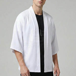 Men's <b>White</b> Oversized Kimono Shirt <b>Short</b> Sleeve Collarless Casual Summer Cotton Poplin Breathable Streetwear Cardigan - Product Image 4