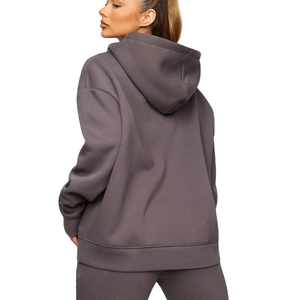 Sweat-shirt à capuche décontracté pour femme, hiver, gris anthracite uni, 100% coton molletonné, manches longues, avec cordon de serrage et poche kangourou - Product Image 3