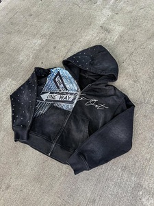 Custom Vintage Washed Rhinestone <b>Zip</b> Up Hoodie Oversized Streetwear Graphic Print Full <b>Zip</b> <b>Hooded</b> Sweatshirt Unisex Fashion Hood - Product Image 4