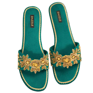 Handcrafted <b>Blended</b> Comfort Traditional Satin & Diamond Upper Printed Genuine Leather Outsole Anti-Slippery Women's Slides - Product Image 1