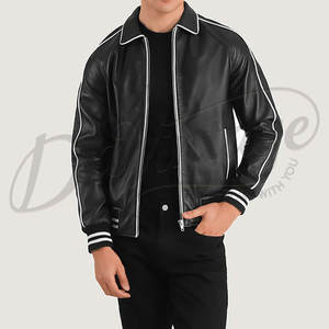 Veste bomber varsity en cuir véritable noir pour homme, poignets côtelés rayés, cuir pleine fleur de qualité supérieure, classique - Product Image 1