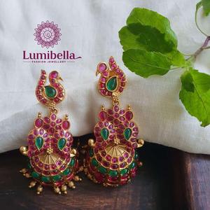 18K Gold Plated Peacock Kemp Jhumka Drop Earrings for Party & Gift - Product Image 1