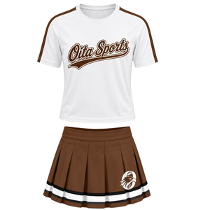 Ensemble uniforme de cheerleading imprimé blanc et marron, haut à manches courtes, jupe plissée, tenue de sport d'équipe, entraînement athlétique, performance - Product Image 1