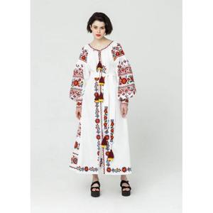 <b>Women</b> <b>White</b> Embroidered Long Boho Ethnic Maxi Kaftan Dress Full Sleeve Linen Natural Waist Washable Designer Wear - Product Image 1