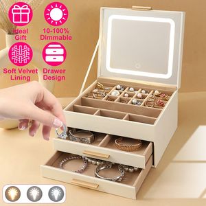 Organizzatore di Gioielli a 3 Livelli con 2 Cassetti, Porta Gioielli in PU, Specchio LED Dimmerabile con 3 Colori di Luce, Scatola Porta Gioielli a 3 Strati - Product Image 2