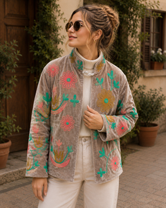 Chaqueta de Moda para Mujer, Premium, de Terciopelo Bordado, Transpirable, Ecológica, 100% Algodón, Tejida a Mano, con Manga Tres Cuartos | - Product Image 1