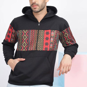 Sudadera con Capucha para Hombre, Estampado Geométrico, Corte Regular, Ropa Casual de Otoño, Negra con Patrón Rojo, Impresión por Sublimación - Product Image 1