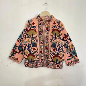 <b>Women</b> Boho <b>Light</b> Pink Suzani Embroidered Cotton <b>Jacket</b> Stand Collar Floral Handwork Ethnic Short Coat Vintage Style Outerwear - Product Image 1