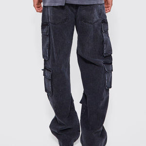 Men Straight Leg Stonewashed Denim Cargo Pants Multiple Pockets <b>Elastic</b> <b>Waist</b> Workwear Style Midweight 100% Cotton Canvas - Product Image 2