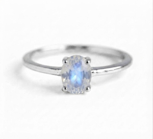 Rhaya Jewels Women's Elegant Rhodium Plated 925 Sterling Silver Oval Cut Moonstone Prong Setting <b>Dainty</b> Band Trendy <b>Ring</b> - Product Image 1