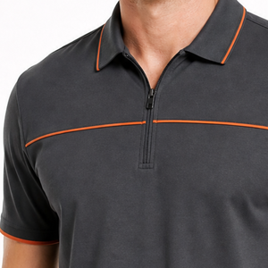Custom Men Quarter Zip <b>Polo</b> Shirt dark Grey <b>Orange</b> Piping Short Sleeve shirt Breathable quick Dry regular fit shirt - Product Image 3