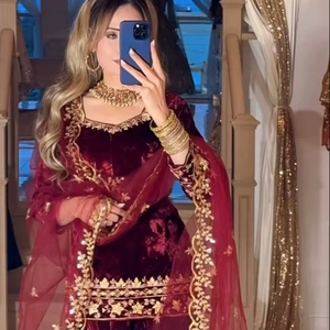 ชุดคุर्ติ ชาราร่า พลาซโซ ดีไซน์ใหม่สวยหรู ทันสมัย เหมาะสำหรับงานแต่งงาน งานหมั้น งานดิวาลี งานปาร์ตี้ ตัดเย็บสำเร็จ ผ้ากำมะหยี่หลากสี - Product Image 1