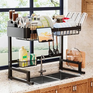 Excellent Quality Single Tier Metal Dish Drying Rack with <b>Utensil</b> Holder Kitchen Plate Bowl Cup Drainer Black Metal <b>Organizer</b> - Product Image 5