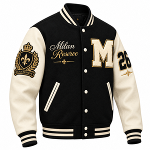 แจ็คเก็ตเบสบอลแบบ Varsity สีดำรุ่น Custom Milan Reserve สำหรับคลับหรูหรา พร้อมบริการขายส่งแบบ OEM ODM  ปักอักษรแบบ Letterman และปักโลโก้แบบ Chenille ตามสั่ง - Product Image 1