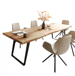 Table de salle à manger rectangulaire en bois massif d'acacia indien, bord brut, base métallique, écologique, sur mesure, pour la maison et la cuisine – Offre Spéciale - Product Image 4