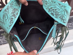 Western Pattern Cowhide Leather Fringe Handmade Turquoise <b>Colour</b> Shoulder <b>Bag</b> Boho Fashion Hand Tooling Women's Zipper Closure - Product Image 6