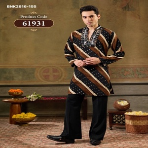 Tenue de festival en rayonne à motif rayé, avec broderies miroir et sequins, et manches longues – Kurta-pantalon pour homme – Fournisseur mondial - Product Image 1