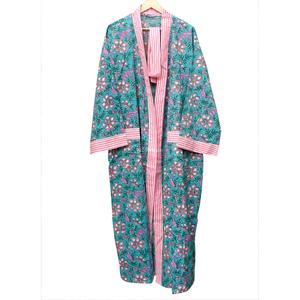 Robe kimono longue en coton 100% pour femme indienne, col en V, ouverte sur le devant, rayures roses, poche avec ceinture de fermeture, tenue décontractée d'été - Product Image 5