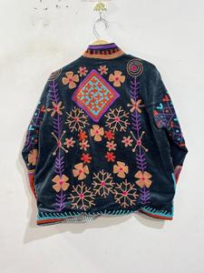 Veste en velours Suzani brodée multicolore verte, style bohème traditionnel, imperméable, col montant, fermeture éclair, printemps - Product Image 6
