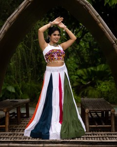 Designer Fancy Rayon Cotton Solid Frill Pattern Colorful Lehenga Slim Fit Traditional Work Heart <b>Shape</b> Blouse Set Wedding Indian - Product Image 1
