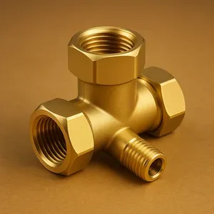 Raccord en T droit en laiton forgé, raccord femelle égal 0,75 pouce, raccord de réduction 1 pouce, finition polie, pour gaz haute pression - Product Image 1