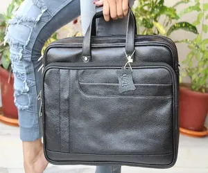 Sac à main pour ordinateur portable en cuir véritable noir personnalisé, léger, pour les voyages, style cuir, pour le bureau, confortable, sac messager - Product Image 2