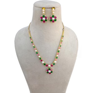 <b>Ruby</b> Pearl Gold Plated Brass <b>Necklace</b> Set Vintage Bridal Wedding Jewelry Statement <b>Necklace</b> Earrings RAY FINE ORNATES IGI - Product Image 3