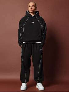 Customized Unisex Cotton Fleece Hooded Tracksuit Set Windproof Zipper <b>Jacket</b> Contrast Piping Loose Fit Streetwear - Product Image 5