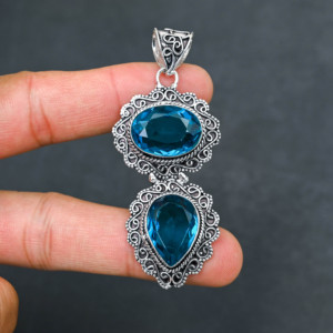 <b>Top</b> Quality Sparkling LAB-CREATED Glamorous Hot Selling Blue Topaz Solid 925 Sterling <b>Silver</b> Plated Designer 2.20" Pendant Women - Product Image 1