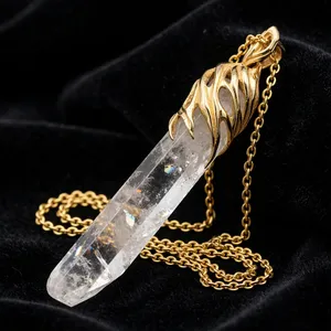 Collar con Colgante de Punta de Cristal Natural, Acabado en Latón Dorado, Plateado, Oro Rosa, Chapado en Oro, Piedra de Nacimiento de Abril, Joyería Personalizada al por Mayor - Product Image 1