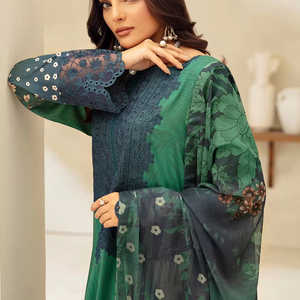 Inde Pakistan Dames Modeste Mode Salwar Kameez Respirant Hiver Viscose/Lénine Tissu Motif Floral Naturel Qualité D'exportation - Product Image 1