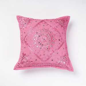 Vintage Customizable Red Hand Embroidered Mirrorwork Square Envelop Closure 100% Cotton <b>Cushion</b> <b>Cover</b> for Home & Hotel Use - Product Image 1