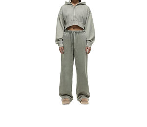 Custom Logo Washed Tracksuit Women Heavyweight Fleece <b>Crop</b> <b>Zip</b> <b>Up</b> Hoodie Wide Leg Sweatpants 2 Piece Set Streetwear - Product Image 5