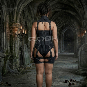 Underbust Steelboned <b>Gothic</b> And Steampunk Black Denim <b>Corset</b> With Neck And Leg Harness - Product Image 4