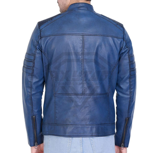 Custom Men Blue <b>Real</b> <b>Leather</b> <b>Jacket</b> Slim Fit Biker Style Racing Moto Coat Top Grain Sheepskin <b>Leather</b> Outerwear Manufacturer - Product Image 4