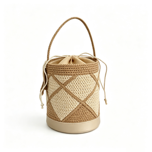Bolso tipo cubo tejido a crochet con diseño de diamantes, personalizado, con cordón, estilo paja, bicolor, pequeño, para llevar en la mano - Product Image 6