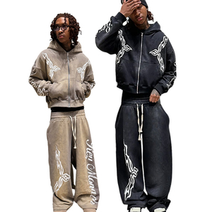 Custom Men's Zip-Up Tracksuit Oversized Acid Washed Distressed Hoodie and <b>Pants</b> for Autumn 100% Cotton - Product Image 1