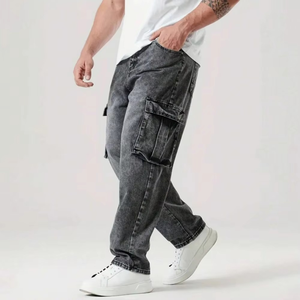 Pantalones Cargo de Mezclilla para Hombre de Alta Calidad, Cómodos, Lavado Claro, Corte Recto, Estilo Casual, con Múltiples Bolsillos - Product Image 4