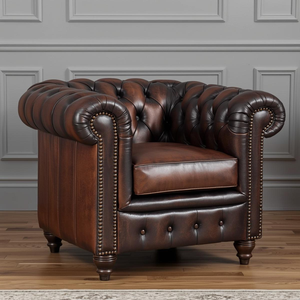 Fauteuil Chesterfield en cuir marron de style vintage avec garniture cloutée, fauteuil d'appoint de luxe pour salon - Product Image 1