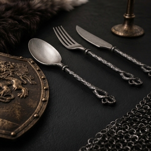 Ustensiles en acier réutilisables avec étui de rangement en cuir, ensemble de couverts médiévaux artisanaux, cuillère, fourchette, couteau, vaisselle de table - Product Image 5
