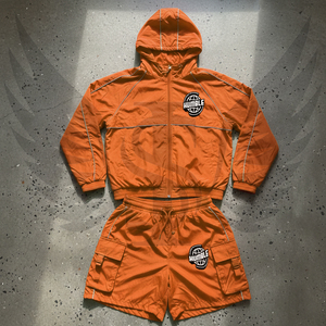 New Arrival Custom <b>Winter</b> Men's Windbreaker Full Length Hooded <b>Jacket</b> Tracksuit Reflective Zip up Nylon Two Piece Short Set - Product Image 1